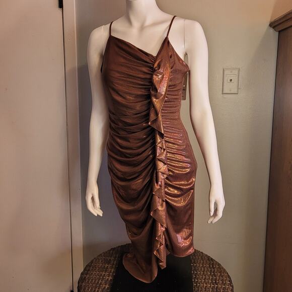 NWT INA Bronze Metallic Formal Dress Sz Large Shirred Liquid Metallic Mermaid - Picture 1 of 13